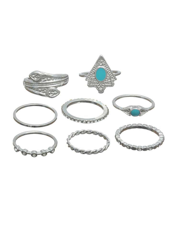 Prita Stylish Boho Silver Plated Ring Set of 8