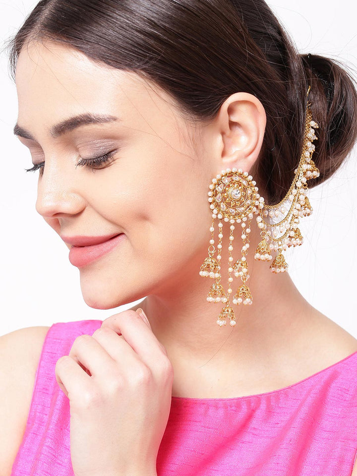 Party Wear 18k Gold Plated White Polki & Pearl Bahubali Jhumki/Jhumka Earrings For Girls and Women