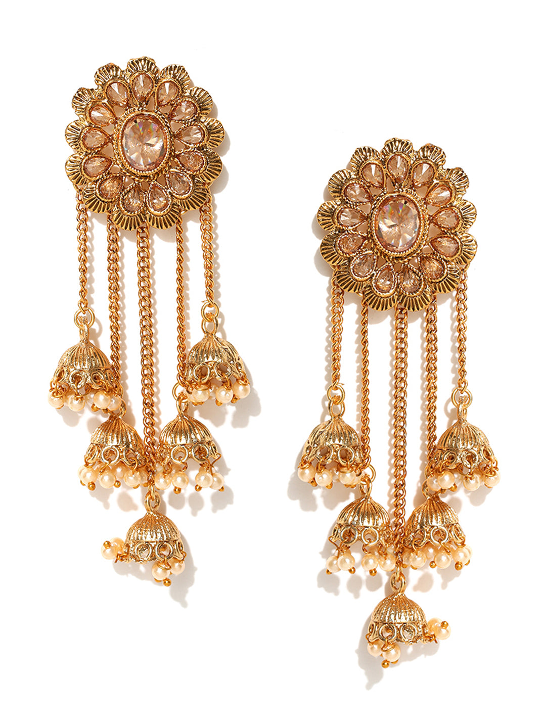 Gold-Plated Stones Studded Floral Patterned Jhumka Earrings