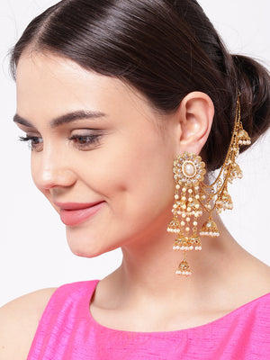 Gold-Plated Stones Studded Floral Patterned Long Jhumka Earrings with Pearls Drop
