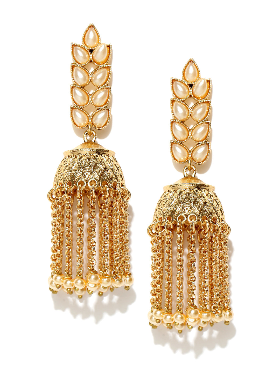 Gold-Plated Pearls Studded Chains Drop Jhumka Earrings