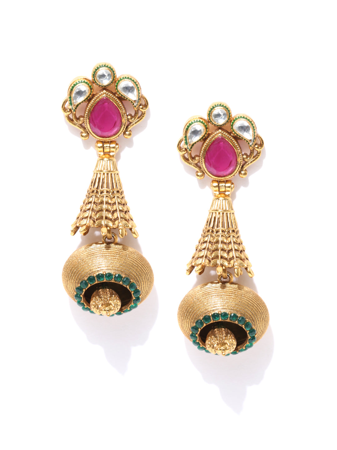 Gold-Plated Stones Studded Drop Earrings in Pink and Green Color