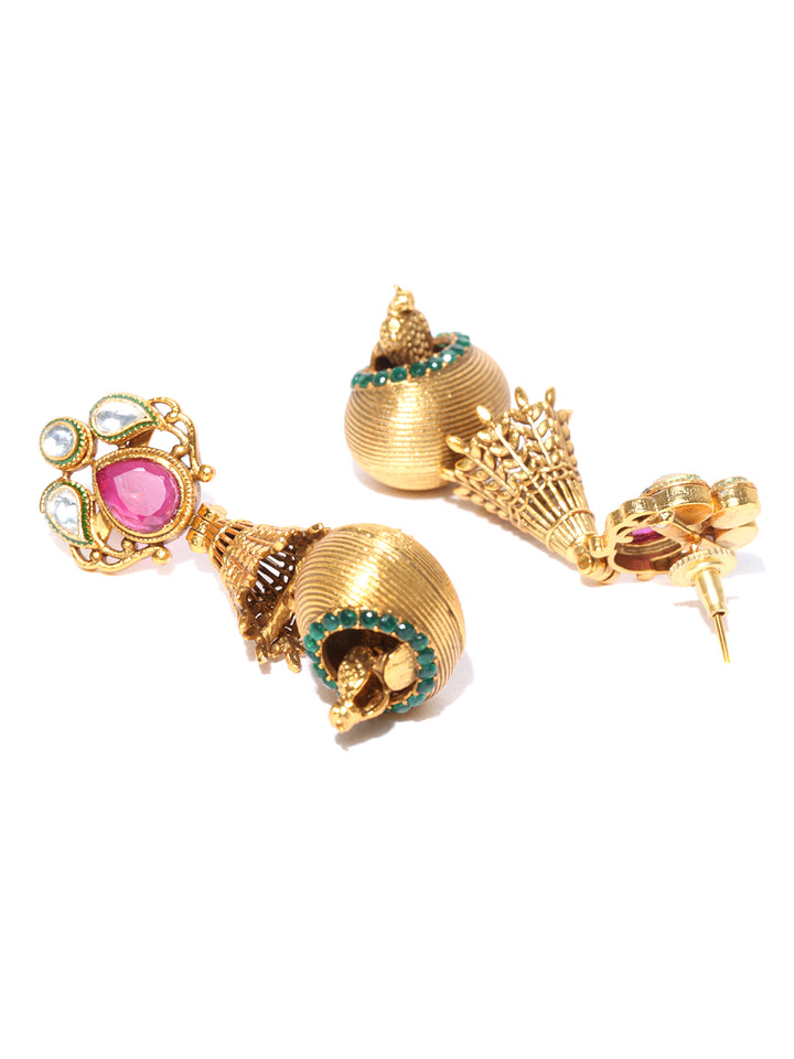 Gold-Plated Stones Studded Drop Earrings in Pink and Green Color