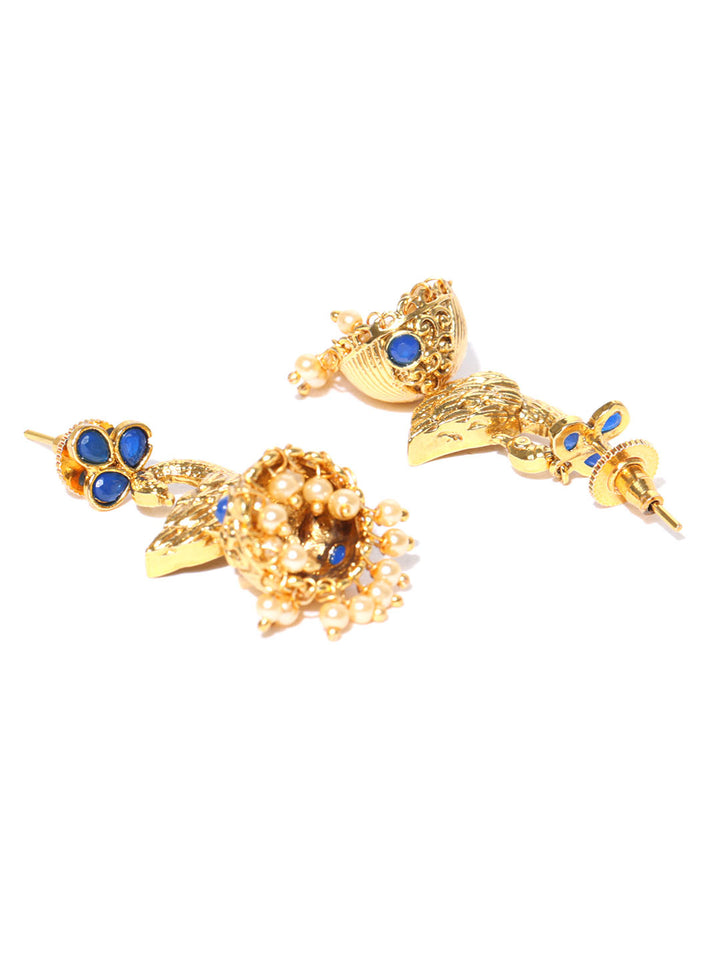 Blue Colour Gold Plated Peacock Shaped Pearl Earrings