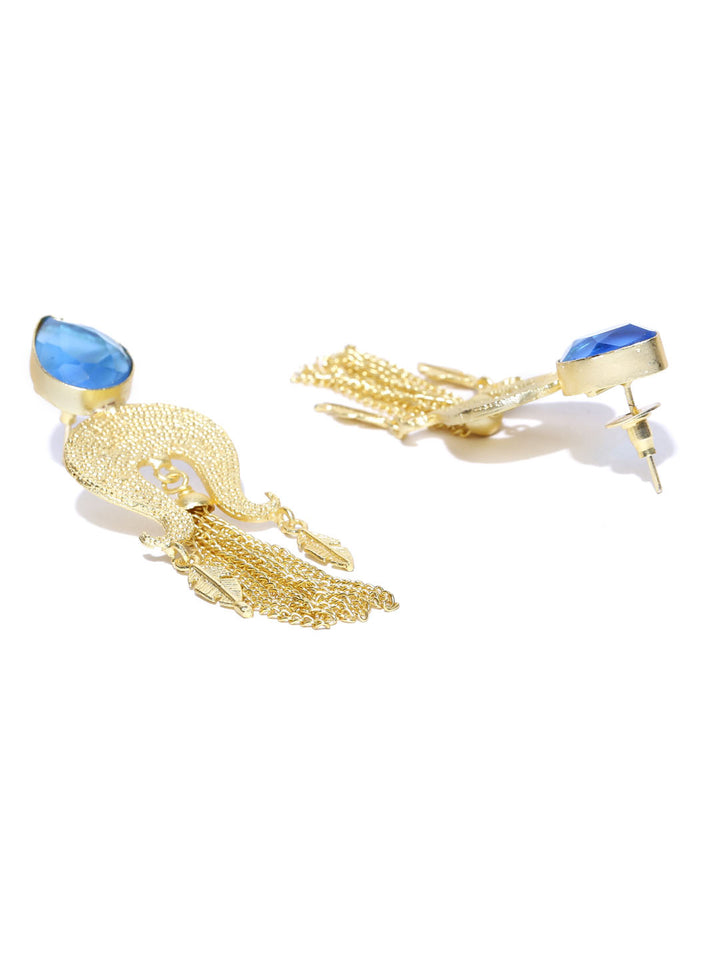Turquoise Blue Gold Plated Long Tassel Leaf Earrings