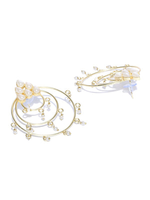 Gold Plated Flower In Circle Pearl Earrings