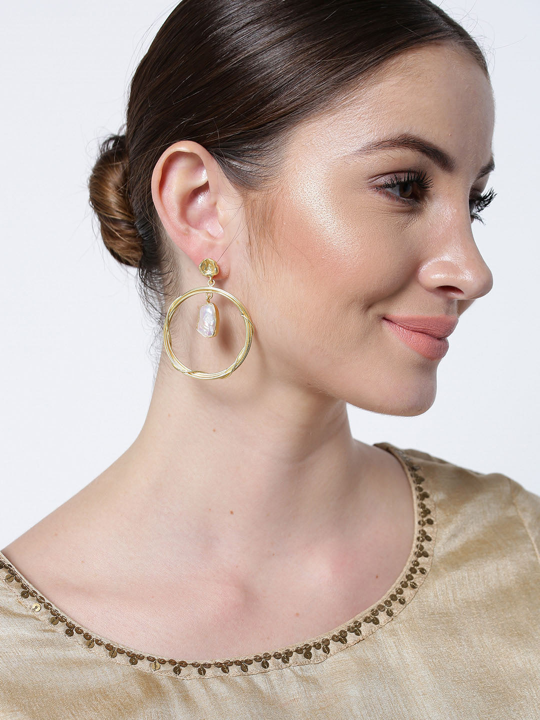 Gold Plated Hanging Stone In Circle Earrings