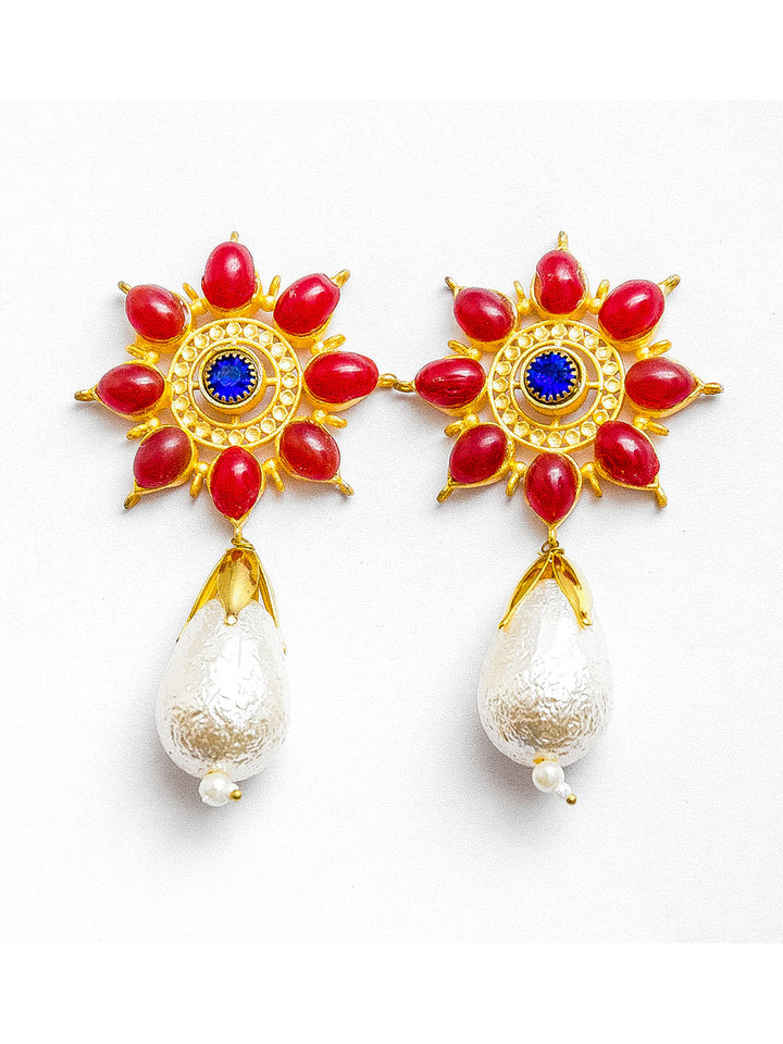 Gold Plated Flower Pearl Drop Earrings
