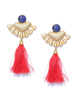 Gold Plated Stone Red Tasselled Earrings