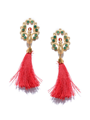 Gold Plated Peacock Inspired Red Tasselled Earrings