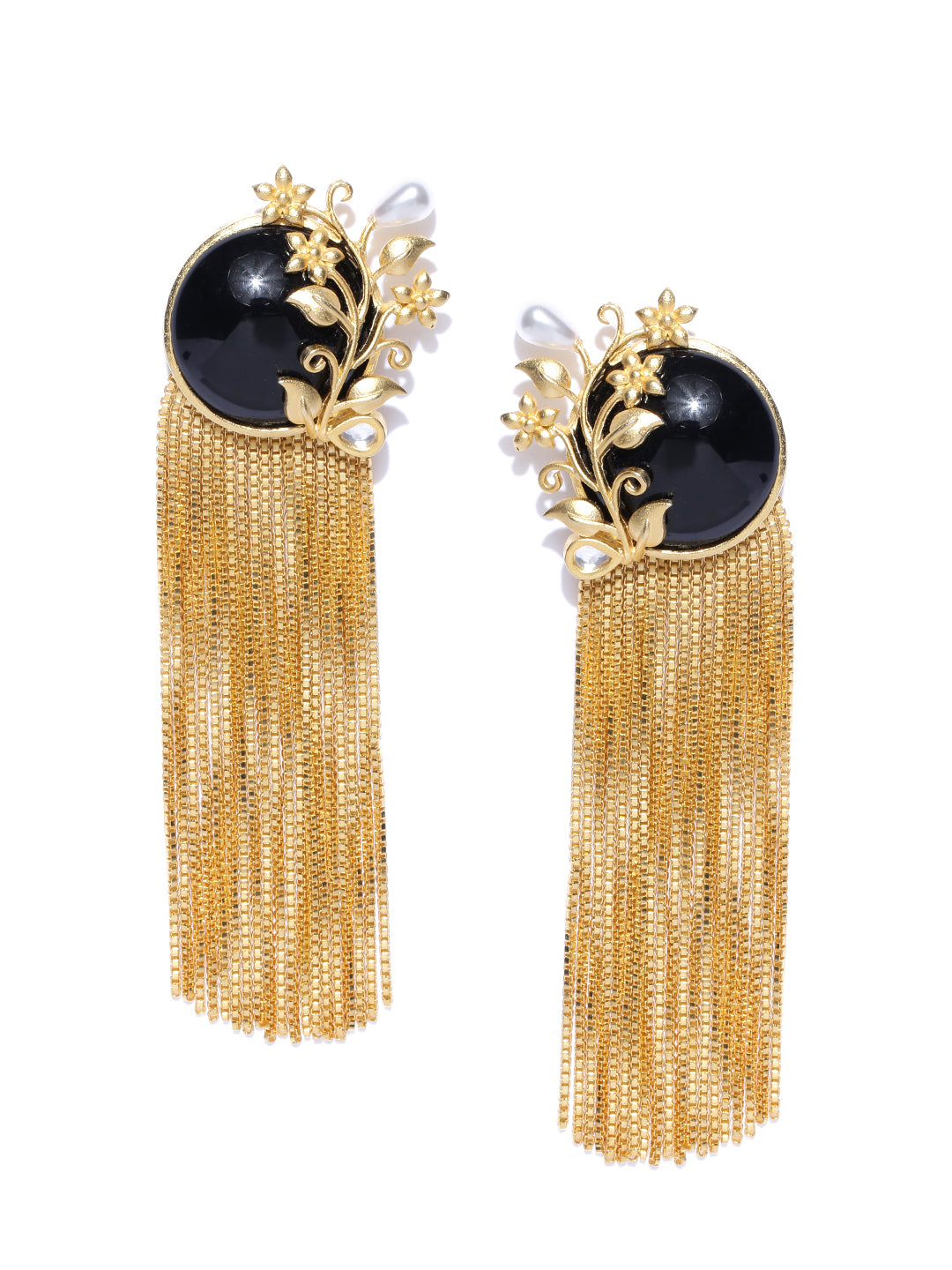Gold-Plated Black Stone Studded Chains Drop Earrings In Floral Pattern