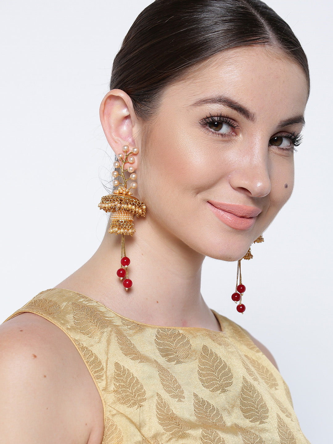 Gold-Plated Pearls Studded Jhumka Earrings with Red Beads Drop
