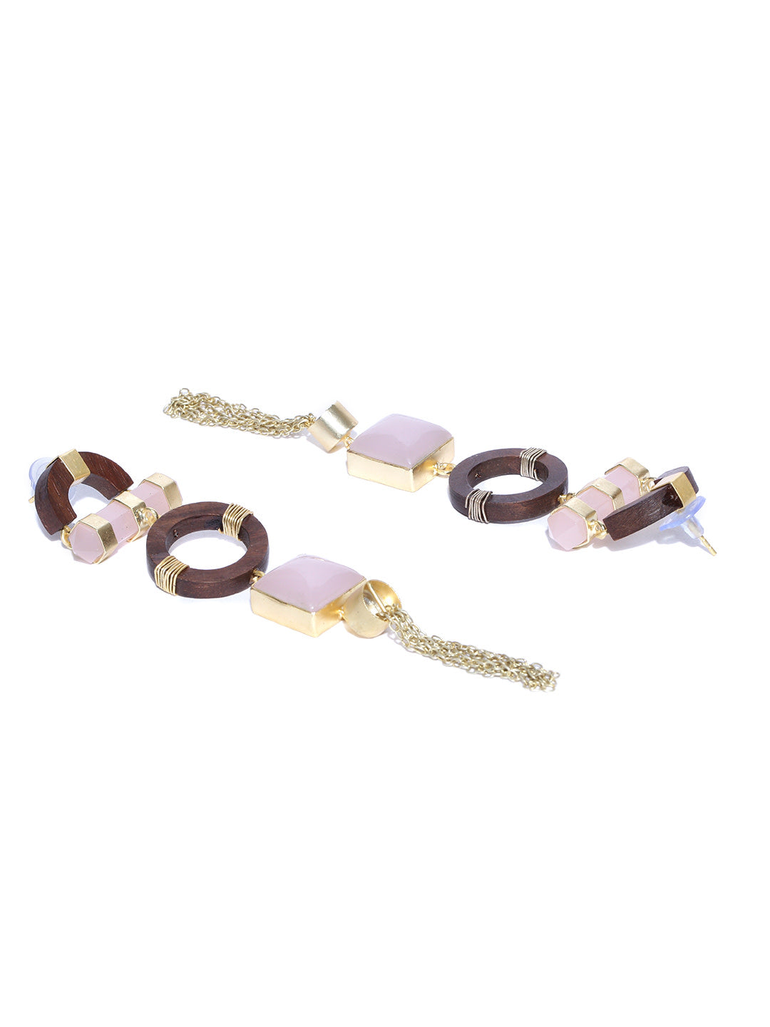 Brown Gold-Plated Teak Wood Tassel Earrings