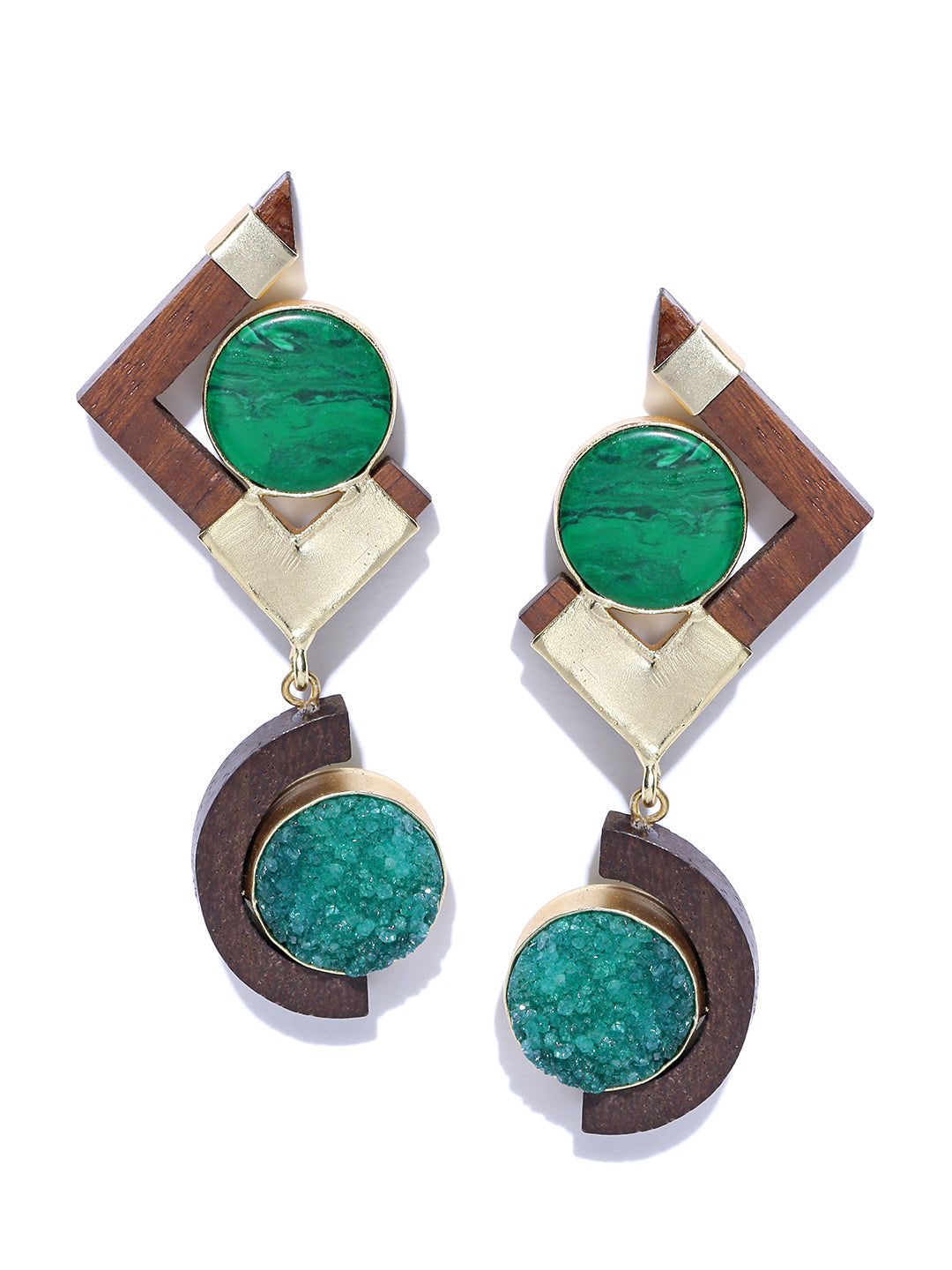 Brown Gold-Plated Teak Wood Drozy Stone Earrings