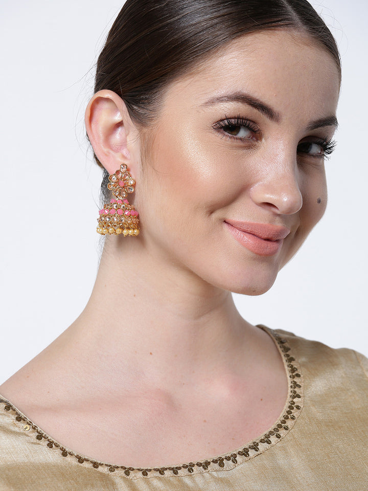 Gold-Plated Pink and White Stones Studded Floral Patterned Jhumka Earrings with Pearl Drop