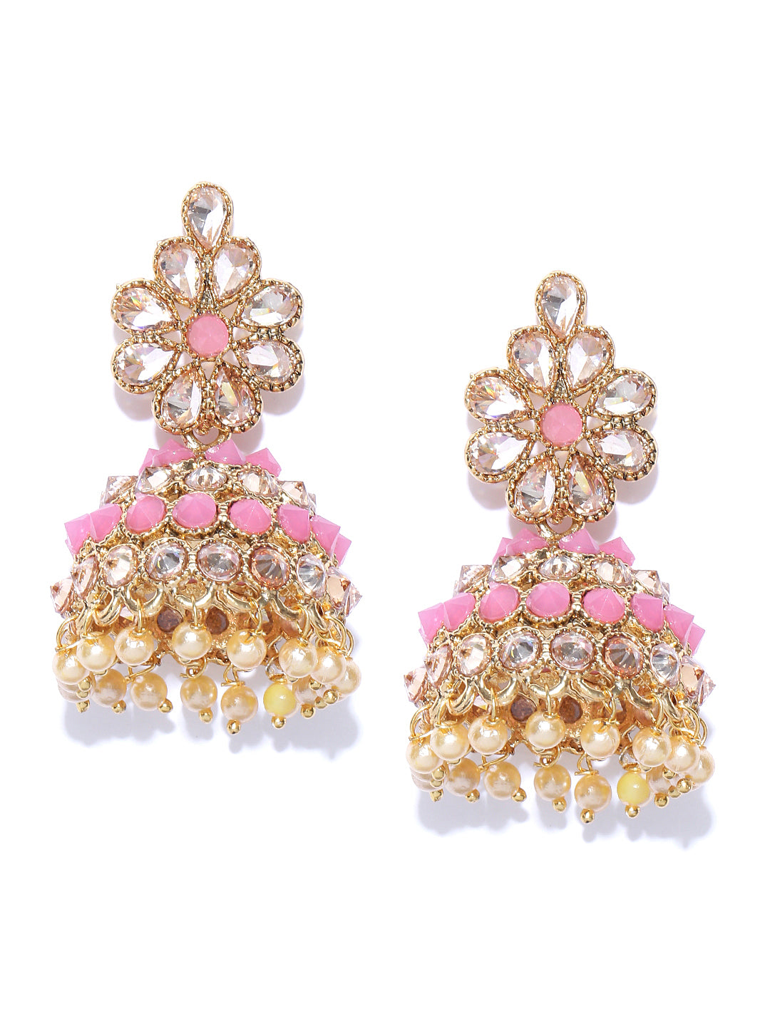 Gold-Plated Pink and White Stones Studded Floral Patterned Jhumka Earrings with Pearl Drop