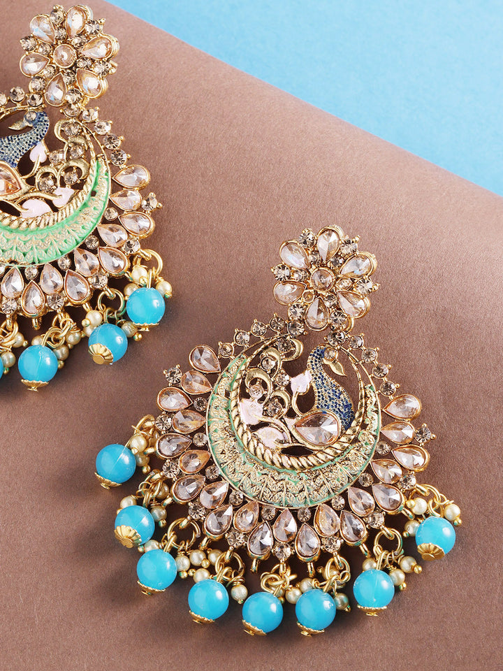 Gold Plated Stone Studded Peacock Inspired Blue & Mint Green Drop Earrings