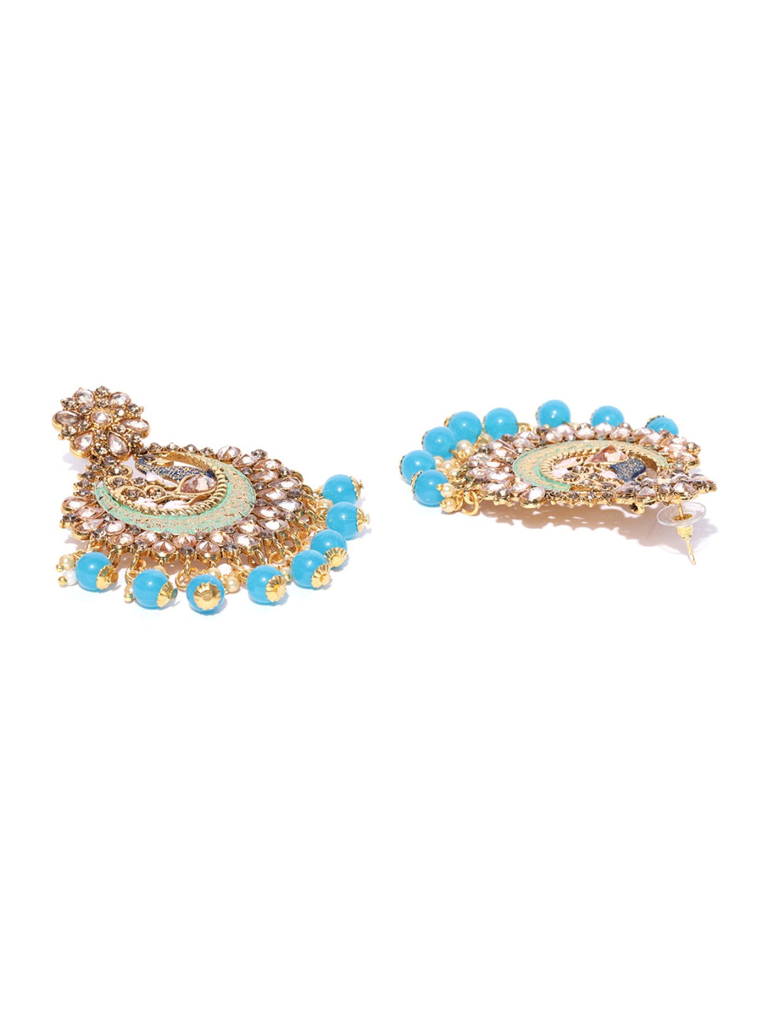 Gold Plated Stone Studded Peacock Inspired Blue & Mint Green Drop Earrings