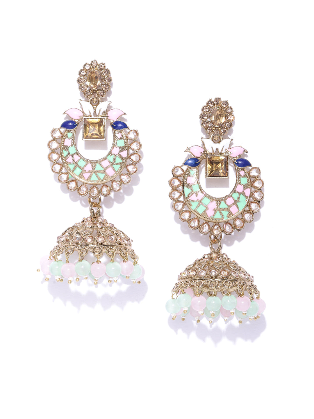 Green&Pink Gold Plated Jhumki Earrings