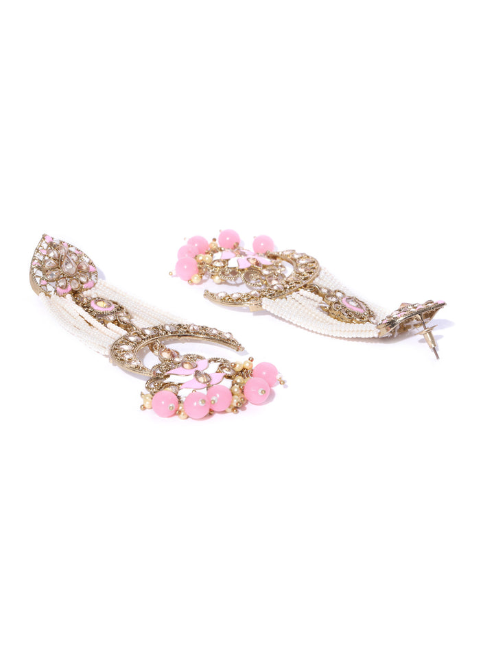 Gold-Plated Meenakari Drop Earrings in Pink and White Color with Beads Drop
