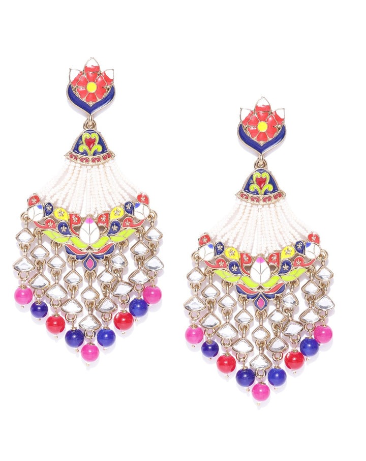 Gold-Plated Kundan Studded Meenakari Drop Earrings with Beads Drop in Multicolor