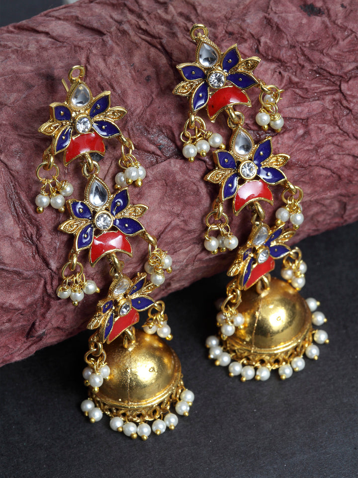 Gold Plated Hand Painted Blue And Red Floral Design Drop Earrings For Women