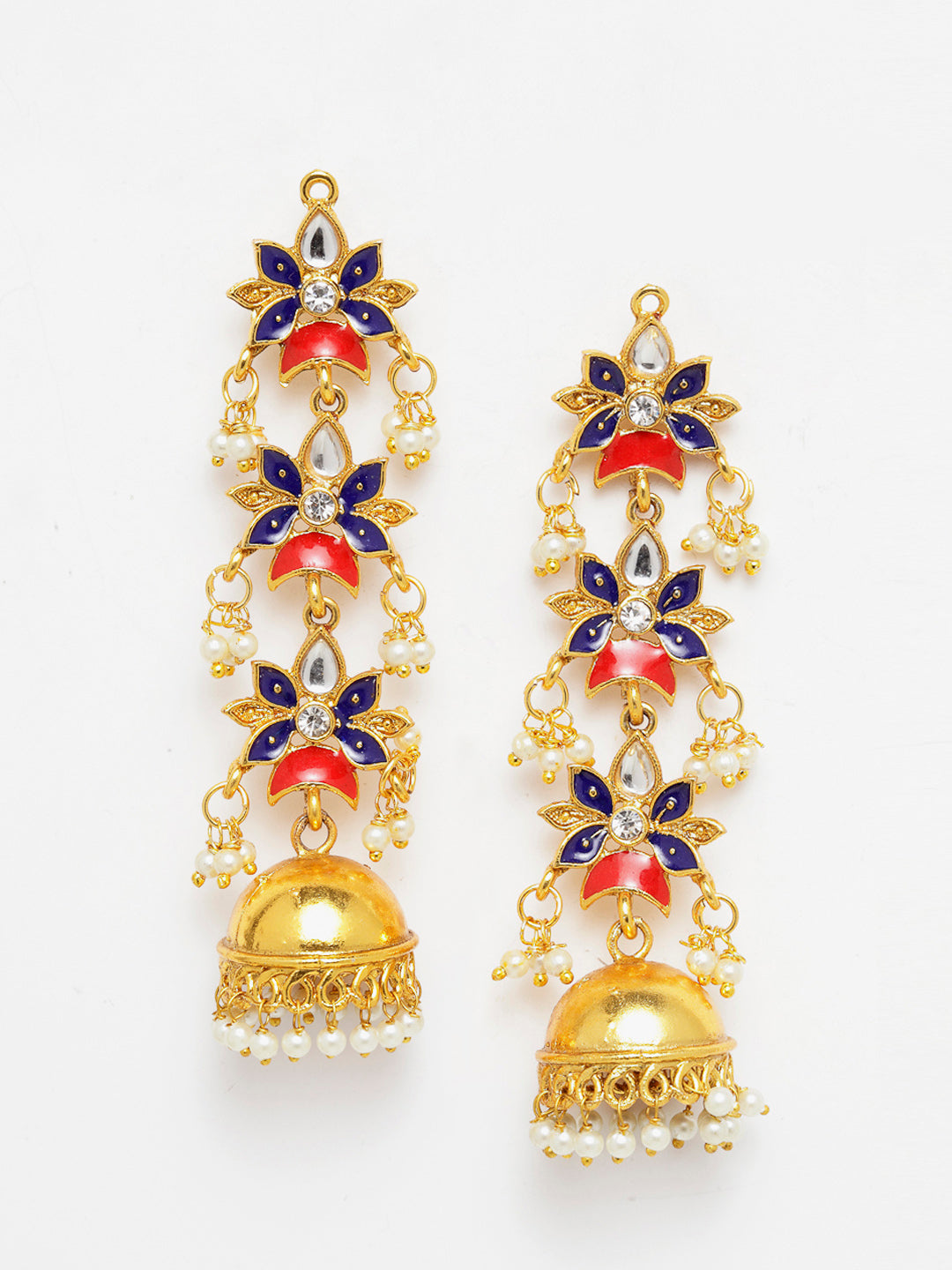 Gold Plated Hand Painted Blue And Red Floral Design Drop Earrings For Women