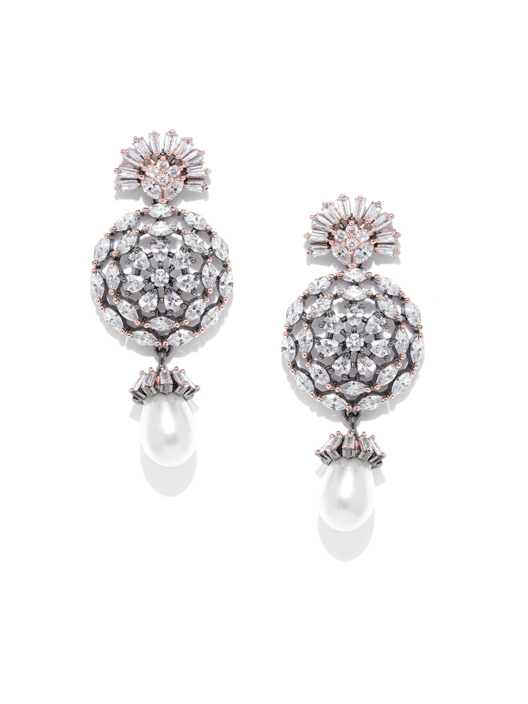 Floral Shaped American Diamond Earring With Pearl Drop For Women And Girls