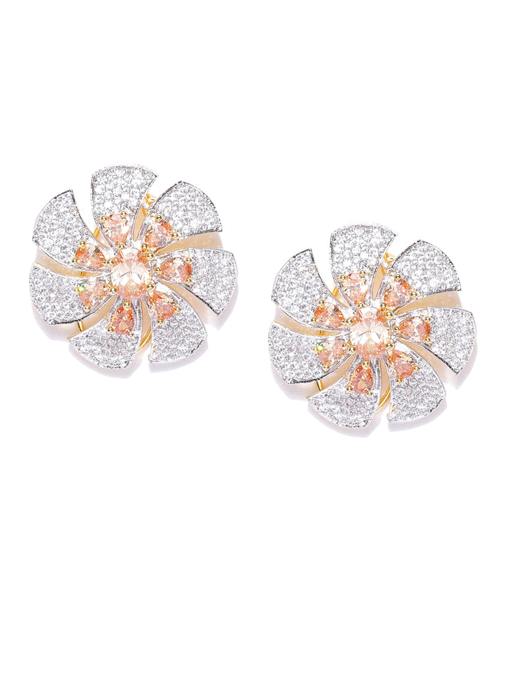 Sparkling Floral Shaped Two Tone American Diamond Stud Earring For Women And Girls