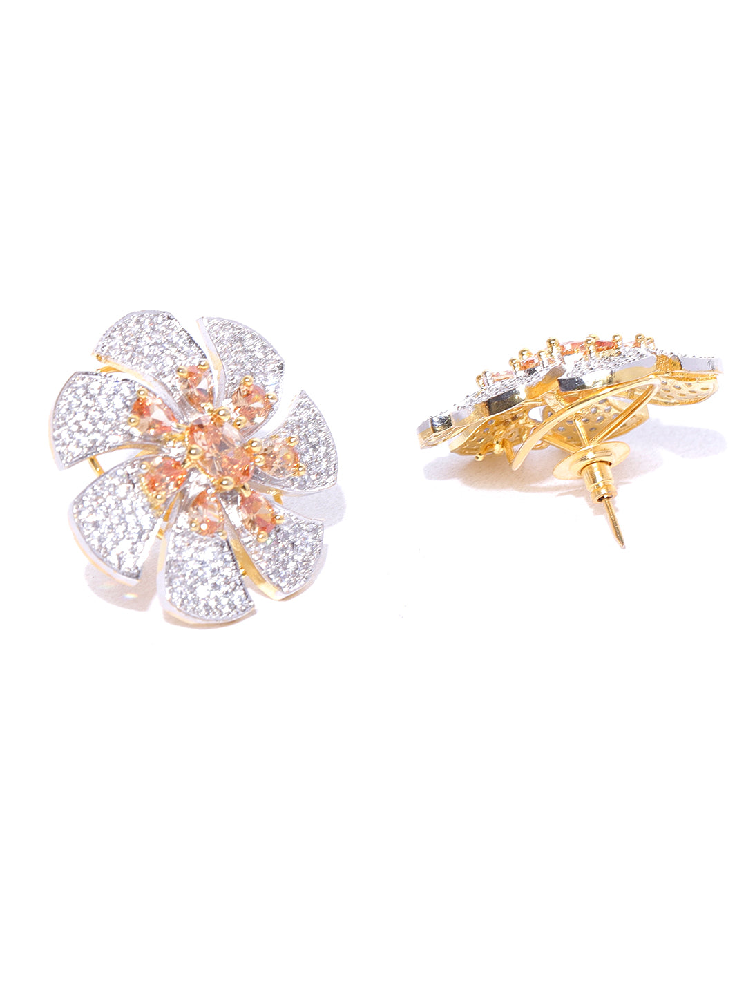 Sparkling Floral Shaped Two Tone American Diamond Stud Earring For Women And Girls