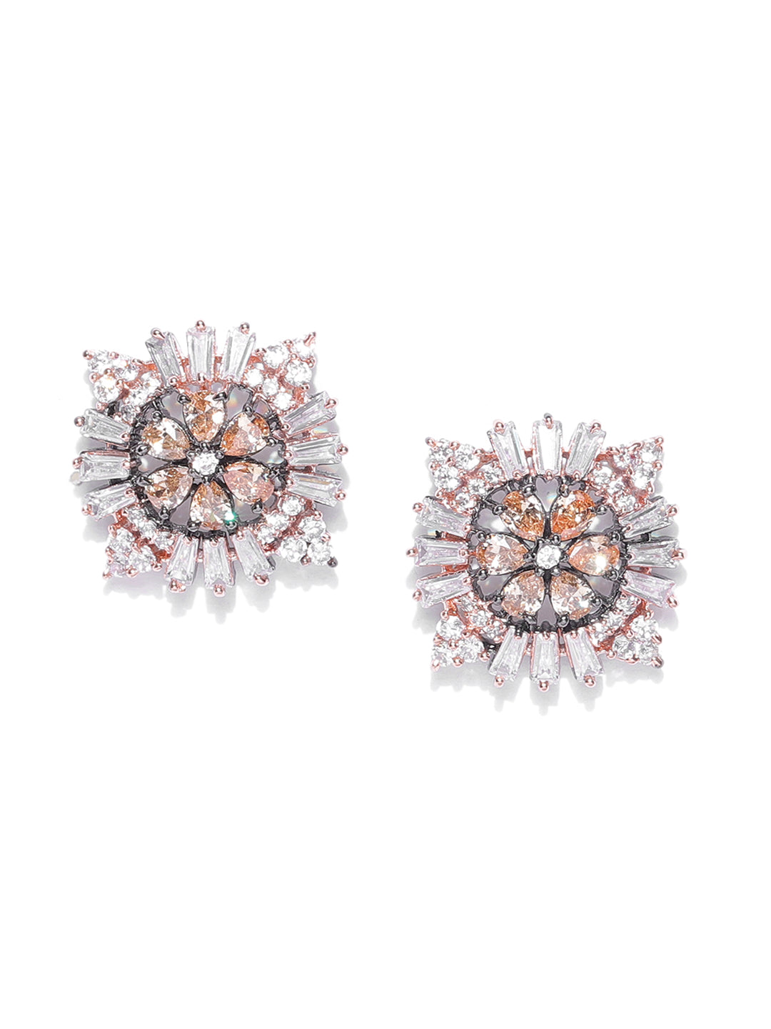 Stylish Rose Gold American Diamond Floral Shaped Stud Earring For Women And Girls