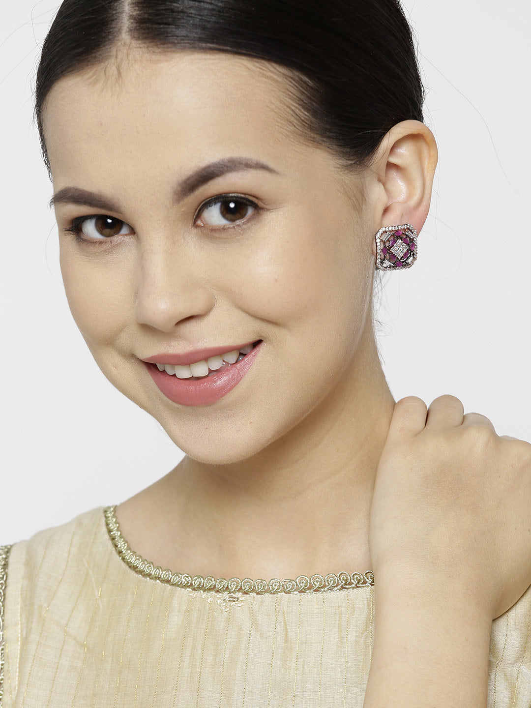 Charming Geometric Shaped Pink And White American Diamond Stud Earring For Women And Girls