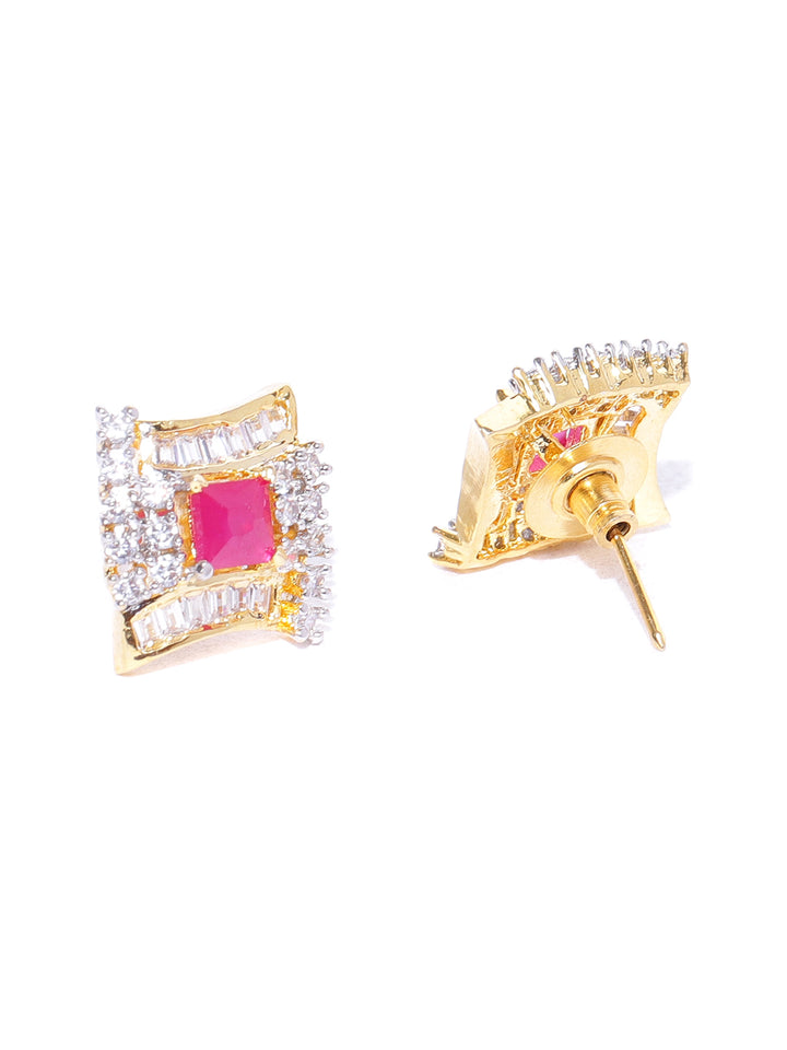 Geometric Shaped Gold Plated American Diamond Stud Earring For Women And Girls