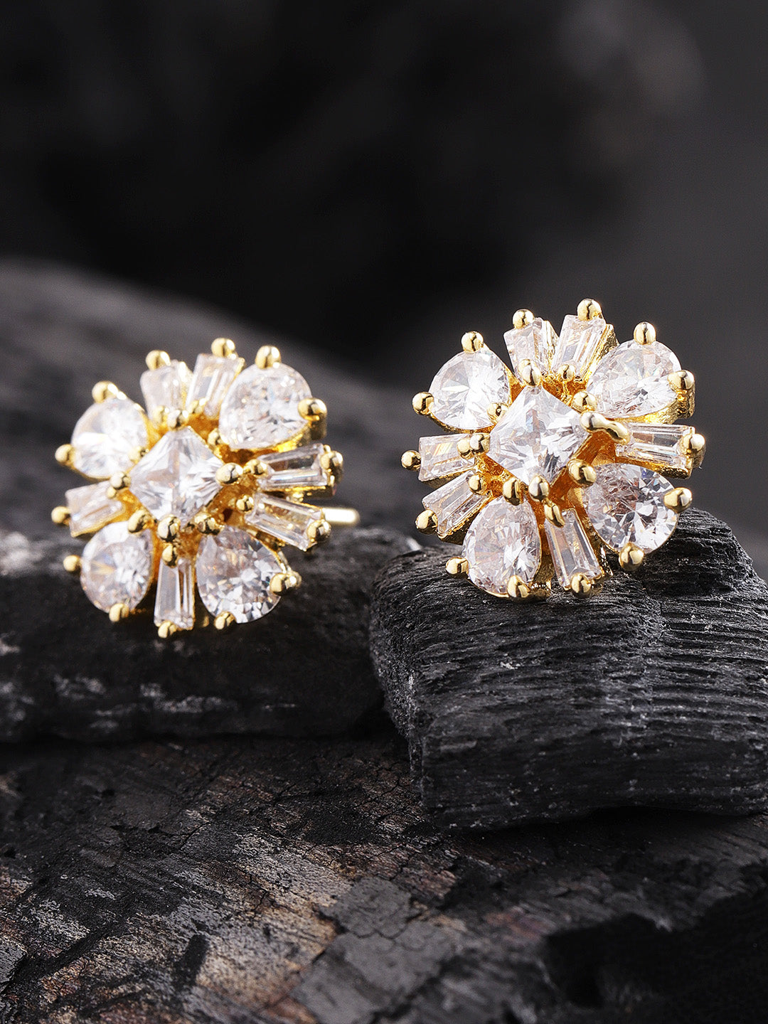 Floral Shaped Gold Plated American Diamond Stud Earring For Women And Girls