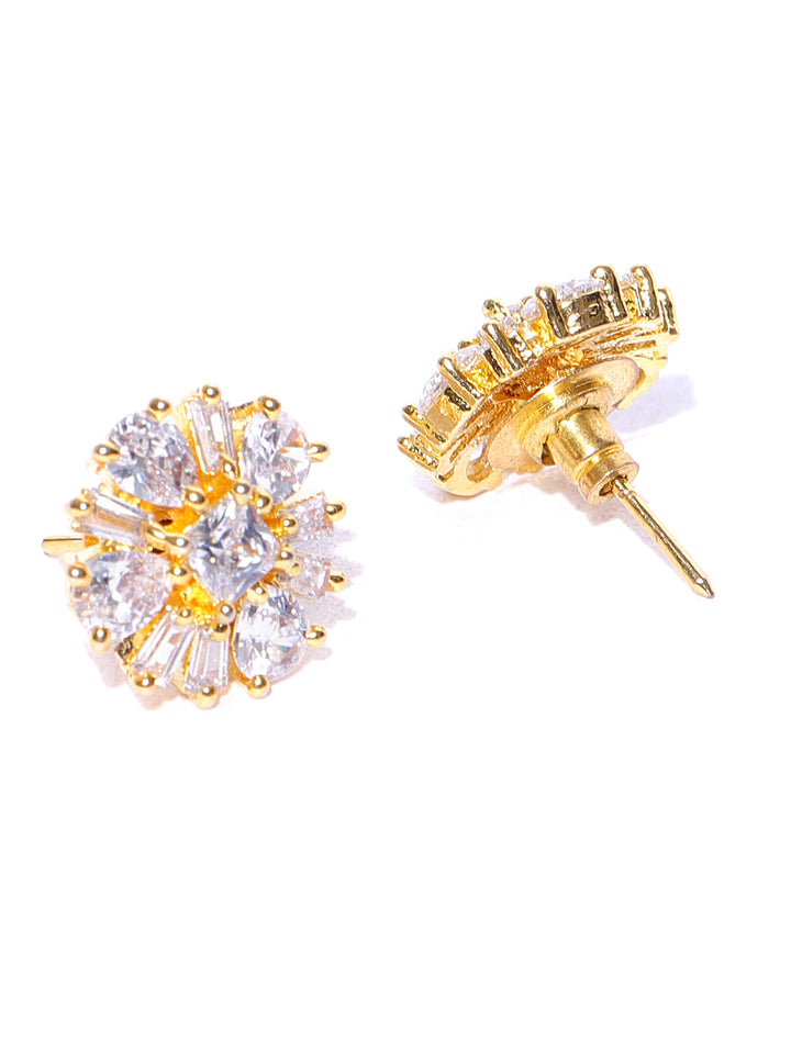 Floral Shaped Gold Plated American Diamond Stud Earring For Women And Girls