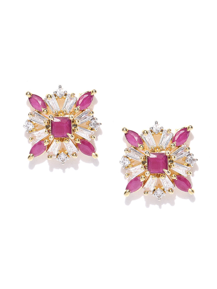 Designer Floral Shaped Pink And White American Diamond Stud Earring For Women And Girls