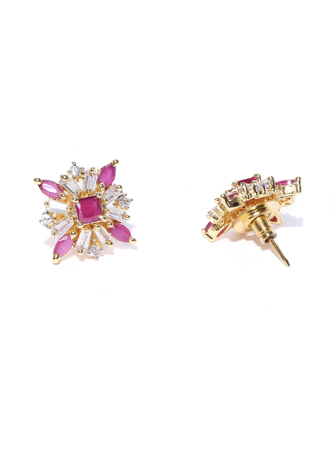 Designer Floral Shaped Pink And White American Diamond Stud Earring For Women And Girls