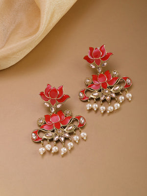 Gold-Plated Stones Studded, Lotus Patterned Meenakari Drop Earring in Red Color with Pearls Drop