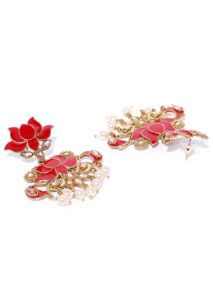 Gold-Plated Stones Studded, Lotus Patterned Meenakari Drop Earring in Red Color with Pearls Drop