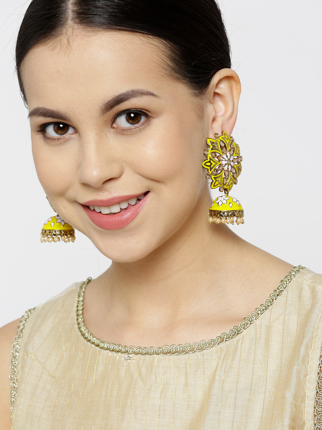 Classic Floral Shaped Yellow Jhumka Earring For Women And Girls
