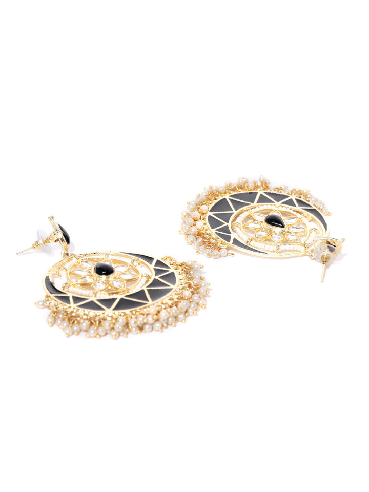Gold-Plated Kundan Studded Floral Patterned, Meenakari Chandbali Earrings in Black Color with Pearls Drop