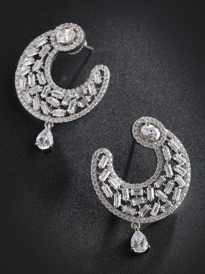 Rhodium-Plated American Diamond Studded Drop Earrings