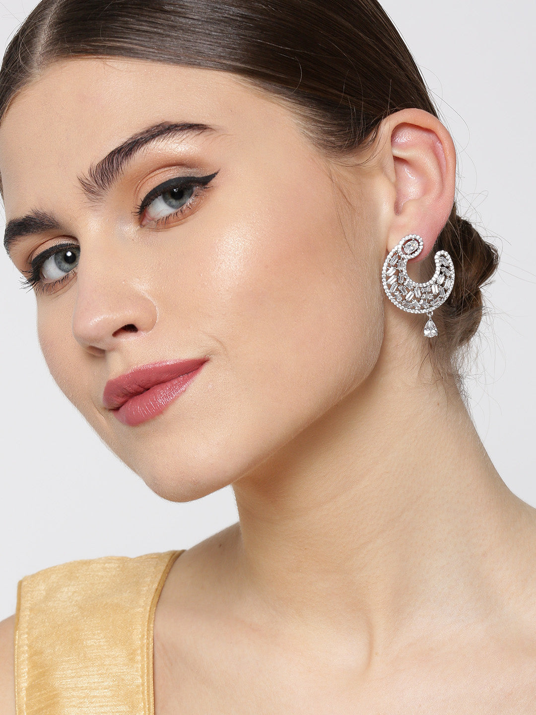 Rhodium-Plated American Diamond Studded Drop Earrings