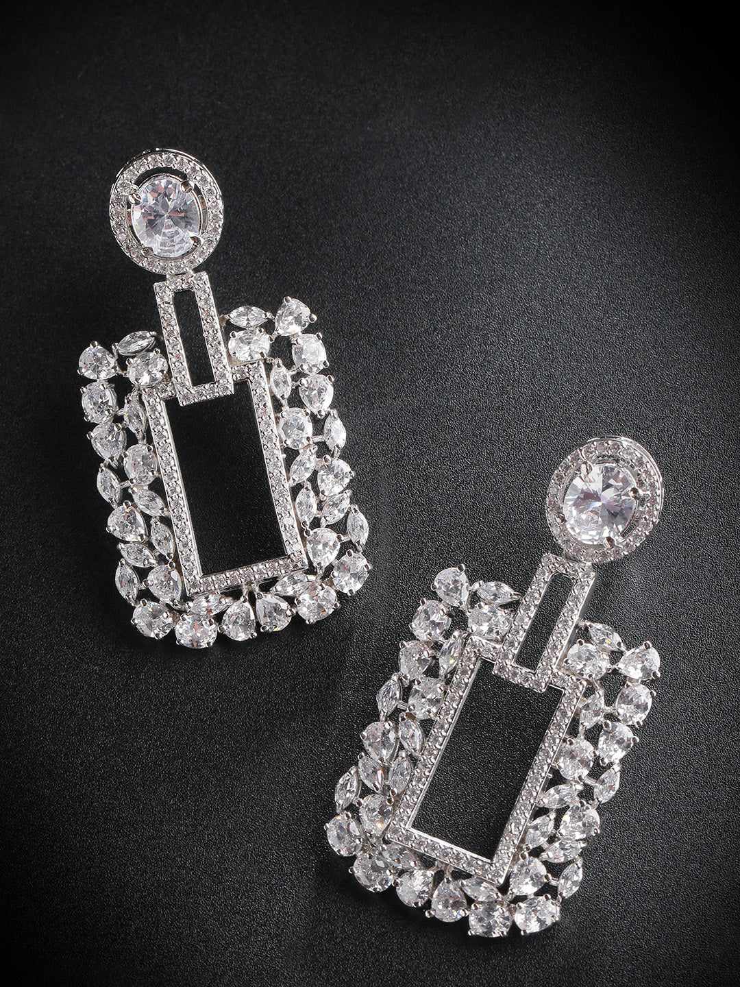 Rhodium-Plated American Diamond Studded Drop Earrings
