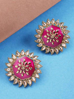 Finely Detailed Gold And Magenta Big Size Stud Earring For Women And Girls