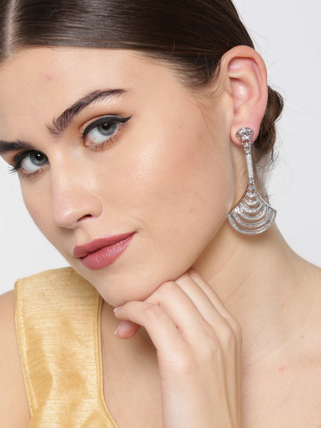 Rhodium-Plated American Diamond Studded Drop Earrings