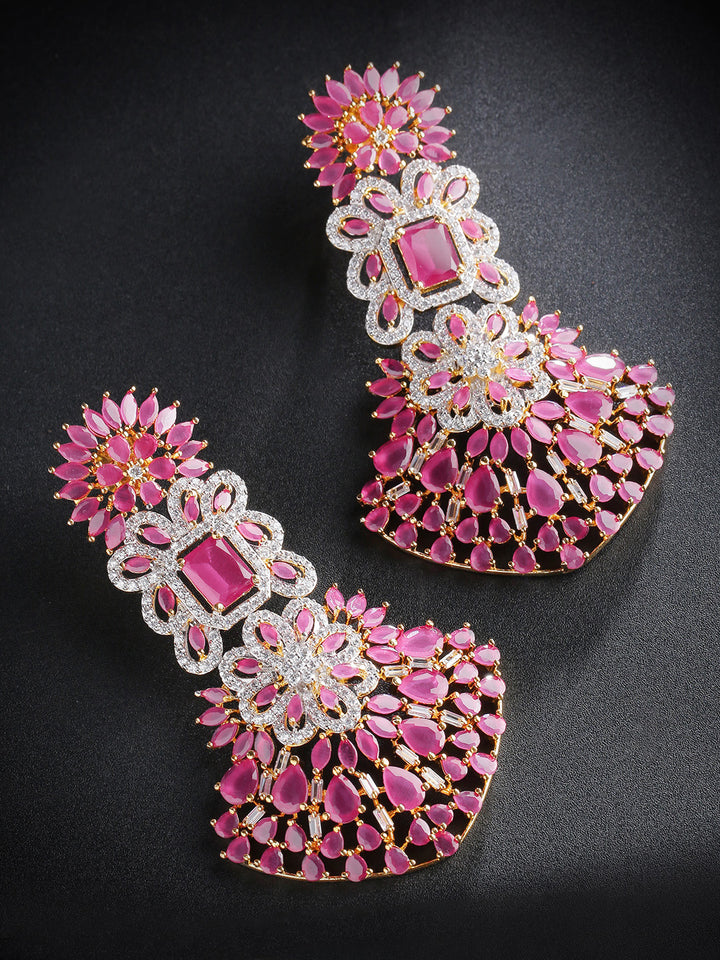 Gold-Plated American Diamond And Ruby Studded Floral Patterned Drop Earrings in Pink and White Color