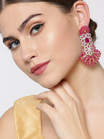 Gold-Plated American Diamond And Ruby Studded Floral Patterned Drop Earrings in Pink and White Color