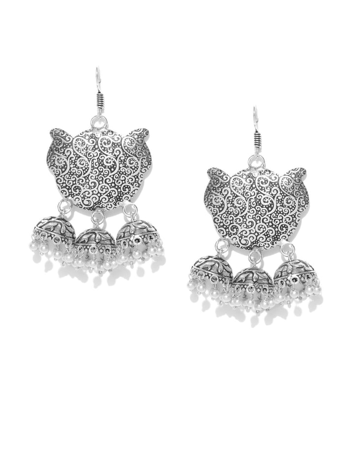 Floral Shaped Silver Tone American Diamond Earring With Pearl Drop For Women And Girls