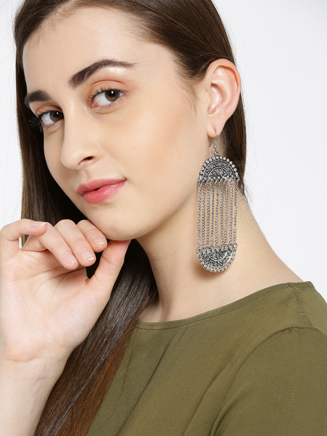 Designer Fancy German Silver Oxidized Tasselled Earrings For Women And Girls